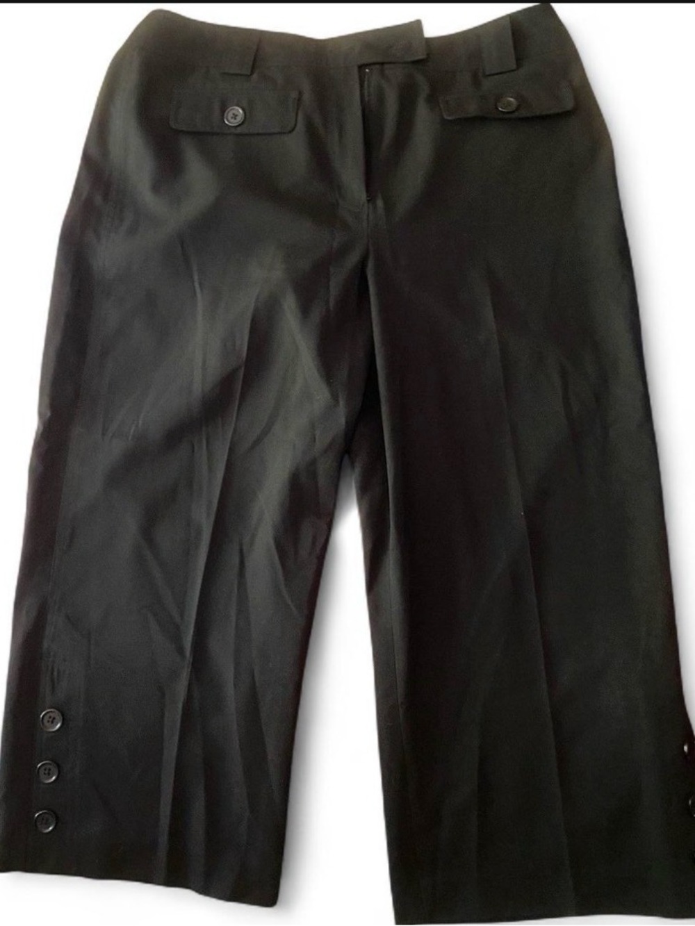 Prêt-à-Porter Cropped Wide Leg Trousers Black Button Cuff Capri Dress Pants